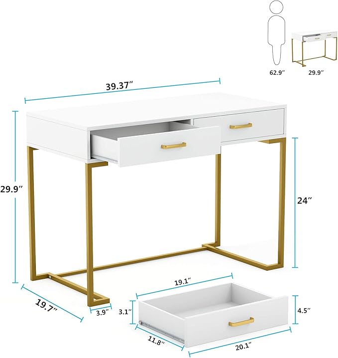 Tribesigns 40 Inch Computer Desk, White and Gold Desk with 2 Drawers, Modern Simple Home Office Desk, Gold Writing Desk Study Table for Bedroom, Modern Makeup Vanity Desk for Small Spaces