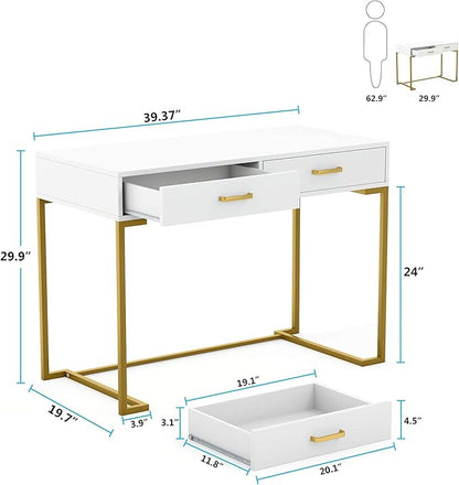 Tribesigns 40 Inch Computer Desk, White and Gold Desk with 2 Drawers, Modern Simple Home Office Desk, Gold Writing Desk Study Table for Bedroom, Modern Makeup Vanity Desk for Small Spaces