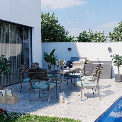 Pamapic Patio Dining Set, 7 Piece, Outdoor Wicker Furniture Set for Backyard Garden Deck Poolside/Iron Slats Table Top, Removable Cushion, Green