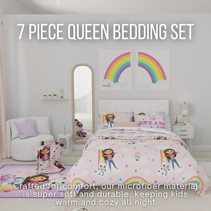 Franco Gabby's Dollhouse Kids Bedding Super Soft Comforter and Sheet Set with Sham, 7 Queen Size, (Official Licensed Product)