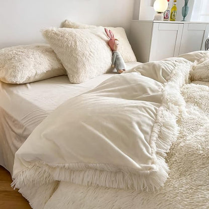 Faux Fur Kids Girls Milky White Comforter Sets King - 3PC Bed Set Warm Comfortable Soft Plush Flannel Velvet Fluffy Fuzzy Bedding（Comforter x 1 Pillowcases x 2）