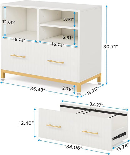 White Lateral File Cabinet with Drawer, 35.4" Modern Filing Cabinet with Adjustable Hanging Rod for Legal/Letter/A4 Size Files, Wood Printer Stand with Open Storage Spaces for Home Office