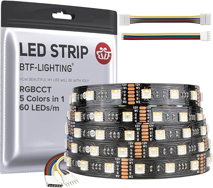 BTF-LIGHTING RGBCCT 5 Colors in 1 LED 5050SMD RGBWW RGB+Dimmable Tunable Color Temperature 2700K-6500K 16.4ft 60LEDs/m 300LEDs DC12V Multi-Colored Lights IP30 for Decoration(No Adapter or Controller)