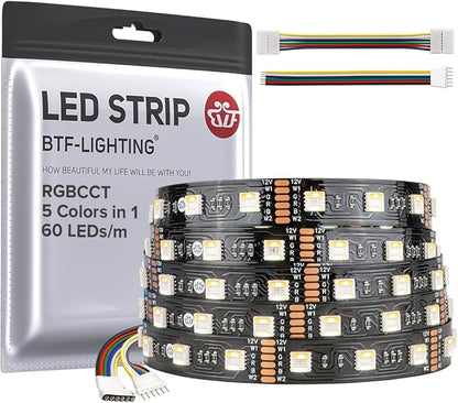 BTF-LIGHTING RGBCCT 5 Colors in 1 LED 5050SMD RGBWW RGB+Dimmable Tunable Color Temperature 2700K-6500K 16.4ft 60LEDs/m 300LEDs DC12V Multi-Colored Lights IP30 for Decoration(No Adapter or Controller)