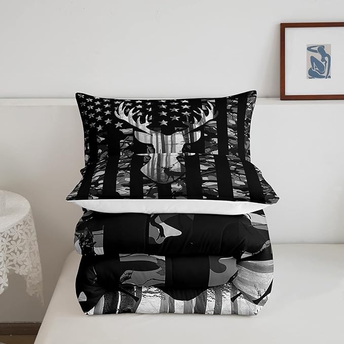 Black Grey Camo Comforter Set King Size,Camouflage American Flag Bedding Set,Deer Antlers Silhouette Down Comforter,Kids Teens Adults Bedroom Decor,Xmas Animal Rustic Duvet Insert,3Pcs,2 Pillowcases
