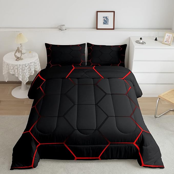 Honeycomb Bedding Set Honeycomb Modern Geometry Hexagon Theme Comforter Set for Kids Boys Children Geometrical Comforter Ultra Soft Beehive Black Red Decor Duvet Set Full Size