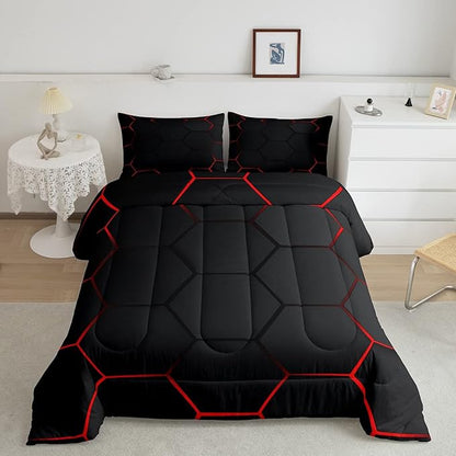 Honeycomb Bedding Set Honeycomb Modern Geometry Hexagon Theme Comforter Set for Kids Boys Children Geometrical Comforter Ultra Soft Beehive Black Red Decor Duvet Set Full Size