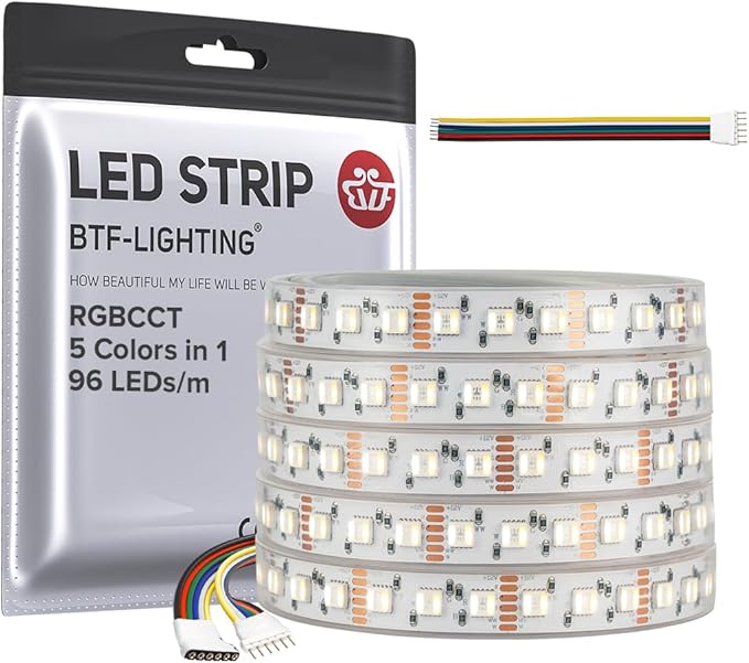 BTF-LIGHTING RGBCCT 5 Colors in 1 LED Tape Lights 5050SMD RGBWW RGB+Dimmable Color Temperature 2700K-6500K 16.4ft 96LED/m 480LED IP67 DC12V White PCB for Home Decoration(No Adapter or Controller)