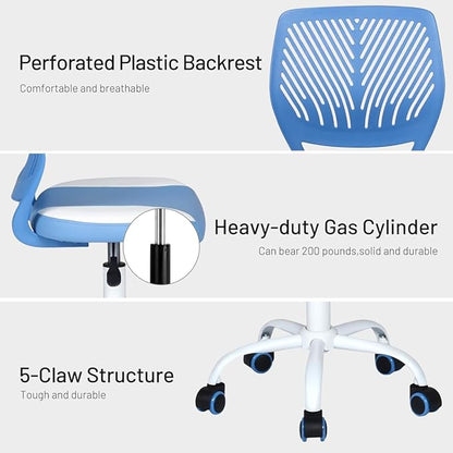 FurnitureR Desk Chair Small Study Chairs Armless for Child Kids Teens, Swivel Rolling Lightweight Task Chair with Wheels and Pu Leather Padded Cushion, Blue/White