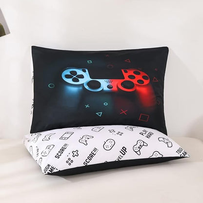 Erosebridal Boys Gamepad Comforter Set Queen,Play Gamer Bedding Set Kid Young Man Video Games Down for Teen Child Game Room Decor Black Classic Retro Gaming Quilt Duvet Set with Controller Button