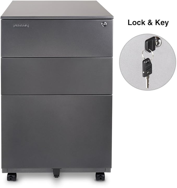 Aurora Modern SOHO Design 3-Drawer Metal Mobile File Cabinet with Lock Key Sliding Drawer, Fully Assembled, Metallic Charcoal