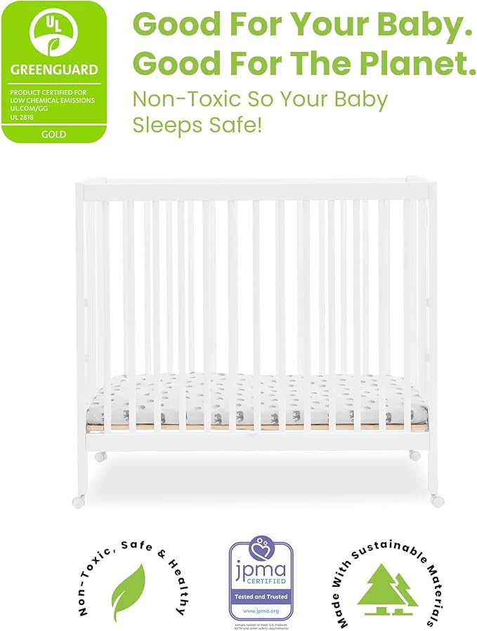 Delta Children Mia Portable Folding Mini Crib with 1.5-Inch Mattress - Greenguard Gold Certified, Bianca White