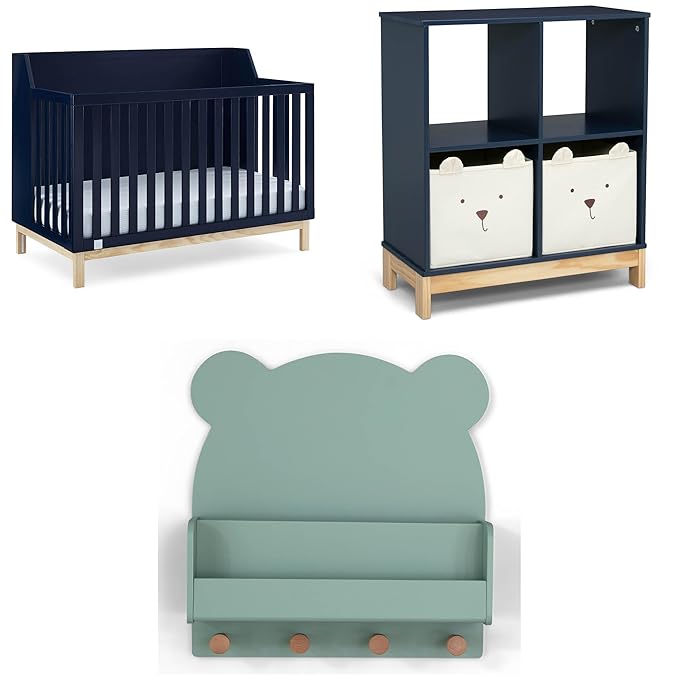 Delta Children babyGap Oxford 6-in-1 Convertible Crib + Brannan Bear Bookcase with Bins + Brannan Bear Wall Shelf with 4 Hooks, Navy/Natural (Bundle)