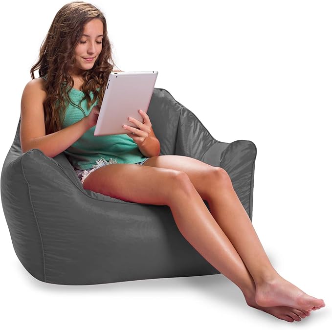 Posh Creations Structured Comfy Bean Bag Chair for Gaming, Reading, and Watching TV, Malibu Lounge, Soft Nylon-Charcoal Gray