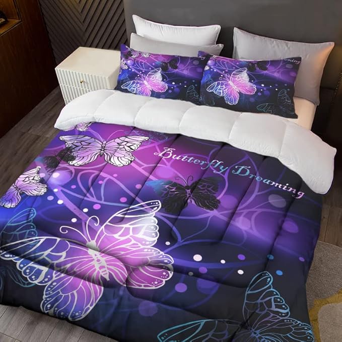 Sunnycitron Butterfly Comforter Set for Girls 3D Purple Butterfly Bedding with Comforter Full Size Girls Comforter Set Neon Butterflies Purple bed comforter full,1 Comforter + 2 Pillowcases