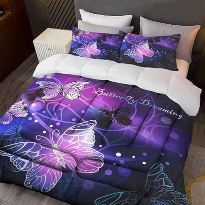 Sunnycitron Butterfly Comforter Set for Girls 3D Purple Butterfly Bedding with Comforter Full Size Girls Comforter Set Neon Butterflies Purple bed comforter full,1 Comforter + 2 Pillowcases