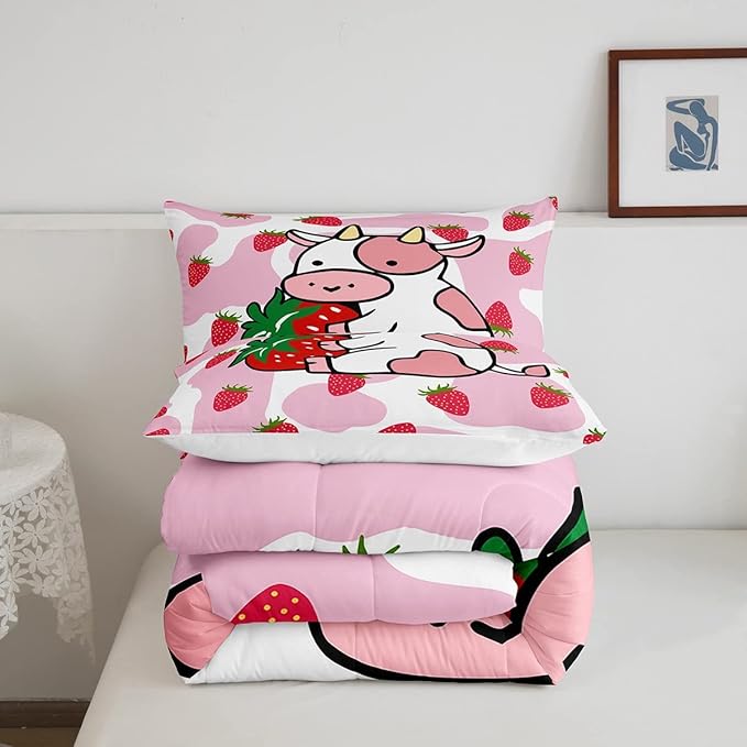 Feelyou Milk Cow Comforter Pink White Cow Strawberry Pattern Comforter Set Bedding Set for Kids Adults Kawaii Girls Milk Cow Print Duvet Set Ultra Soft Room Decor Full Size Quilt Set