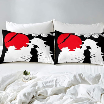 Erosebridal Samurai Comforter Set Queen Size, Sunset Print Down Comforter, Japan Quilted Duvet, Building Silhouette Breathable Quilt Set, Japanese Ukiyoe Bedding Set, Ultra Lightweight