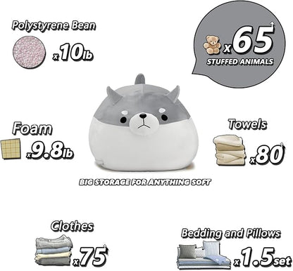 Stuffed Animal Storage Bean Bag Chair Cover for Kids Grey Shiba Inu Dog Bean Bag Chair for Girls XX-Large Size Toy Organizer Cover Only Without Filling