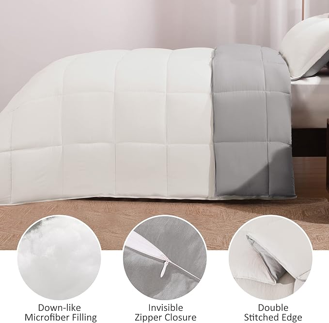 Basic Beyond Queen Comforter Set - Fluffy Comforter Queen Set for All Seasons - Reversible White Queen Comforter Set for Mens - 3 Pieces (1 Comforter + 2 Pillow Shams) - White/Grey