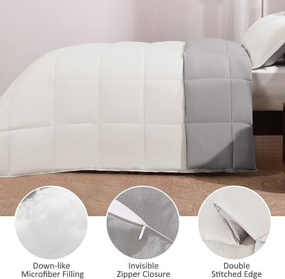 Basic Beyond Queen Comforter Set - Fluffy Comforter Queen Set for All Seasons - Reversible White Queen Comforter Set for Mens - 3 Pieces (1 Comforter + 2 Pillow Shams) - White/Grey