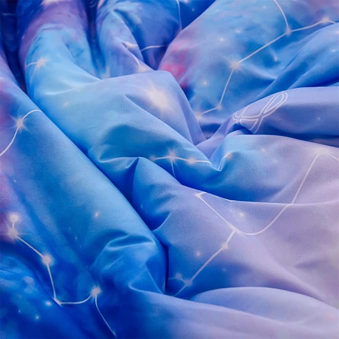 Holawakaka Tie Dye Constellation Print Ombre Comforter Set Queen Size Boys Girls Gradient Galaxy Bedding Set (Blue Purple, Queen)