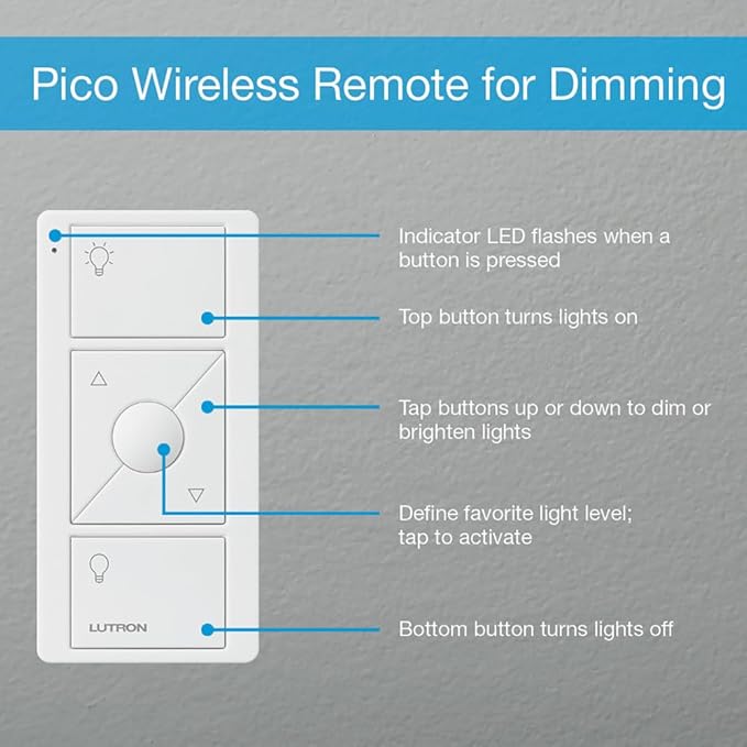 Lutron Pico Remote for Caseta Smart Dimmer Switch, 3-Button Control with Raise/Lower and Preset Lighting Level, For Table Top or Wallmount Use, PJ2-3BRL-WH-L01R, White