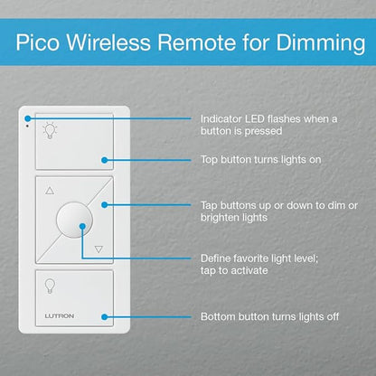 Lutron Pico Remote for Caseta Smart Dimmer Switch, 3-Button Control with Raise/Lower and Preset Lighting Level, For Table Top or Wallmount Use, PJ2-3BRL-WH-L01R, White