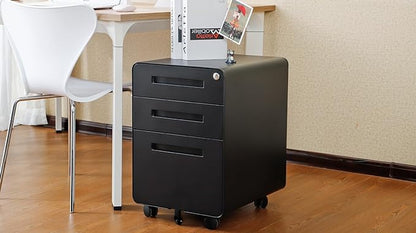 3 Drawer Mobile Desk Office with Lock and Wheels,Versatile Storage Cabinets w/Anti-Tilting Cold Rolled Steel Waterproof Moisture-Proof,for Legal/Letter/A4 Files,Black