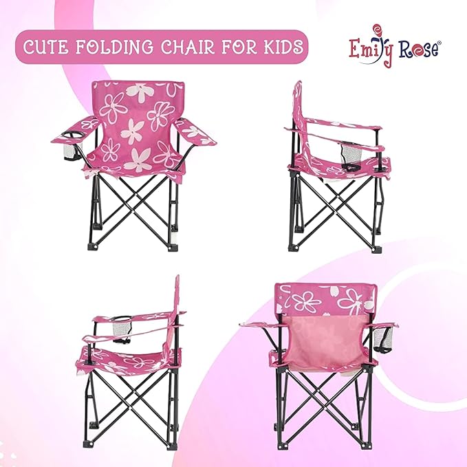 Emily Rose Kids Folding Chair | USA Company | Pink Kid Beach Chair with Safety Lock- Camping Chair for Girls Toddler with Cup Holder & Carry Case- Tailgate, Travel, Beach, Lawn- for Indoor & Outdoor