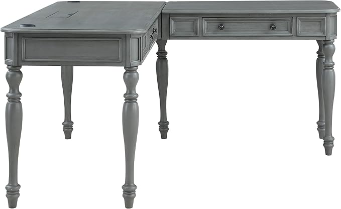 OSP Home Furnishings Country Meadows L-Shape Desk with 2 Full Drawers and Power Hub, Plantation Grey