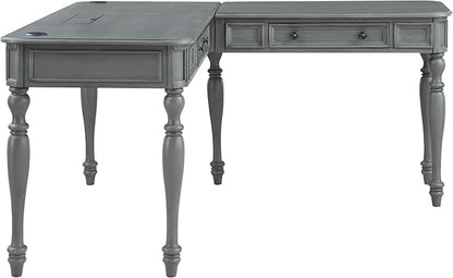 OSP Home Furnishings Country Meadows L-Shape Desk with 2 Full Drawers and Power Hub, Plantation Grey