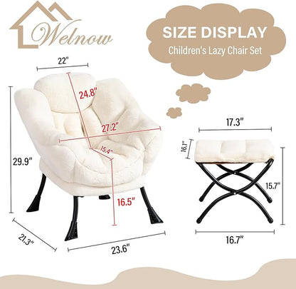 Welnow Toddler Kids Lazy Chair with Ottoman, Accent Comfy Lounge Children Armchair Couch with Armrest and Removable Cover, Detachable Reading Chair with Footrest for Boy or Girl, Plush Beige