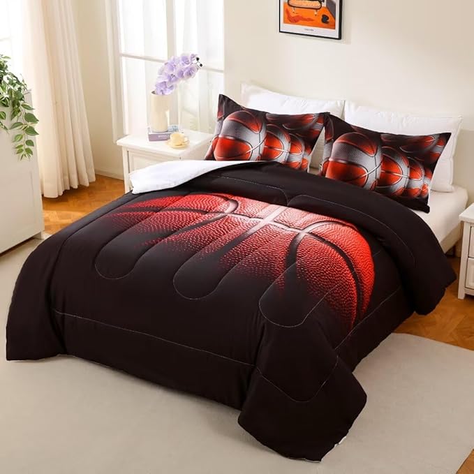 Teens Boys Sports Comforter Set Twin,Basketball Bedding Set for Kids,Sports Orange Basketball Comforter Sets,Black Teenage Boy Bedroom Bed Set 3 Pieces with Pillowcases