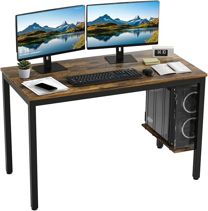 Computer Desk 47" Writing Desk Study Table with CPU Storage Shelf for Home Office, Workstation, Office, Gaming Room- Sturdy Stable Black Metal Frame, Rustic Brown