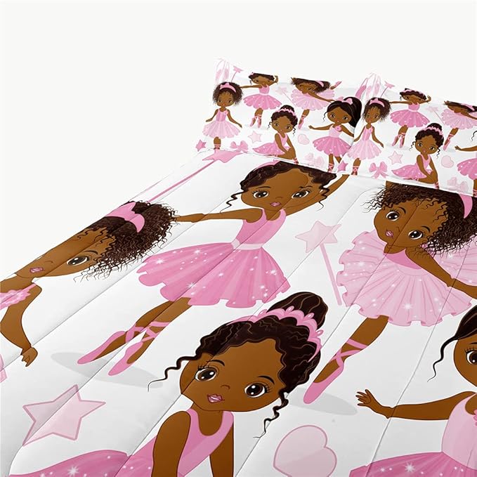 Full Bedding Sets for Girls, African American Magic Comforter Set with Ballet Dancer, Pink Bed Set for Kids Teens, Little Girls Bedroom Decor