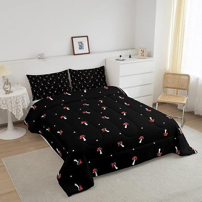 Cute Mushroom Comforter Set King Kid Cartoon Kawaii Reversible Bedding Set Red Mushroom Duvet Set Mushroom Shaped Comforter Lovely Natural Wild Plants Fungus Comforter Set for Room Decor, Black