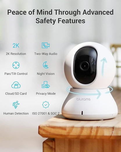blurams Indoor Camera, 2K Pet Camera 360° Security Camera for Home Security with Phone App, Motion Tracking, 2-Way Audio, IR Night Vision, Siren, Works with Alexa & Google Assistant(2.4GHz ONLY)