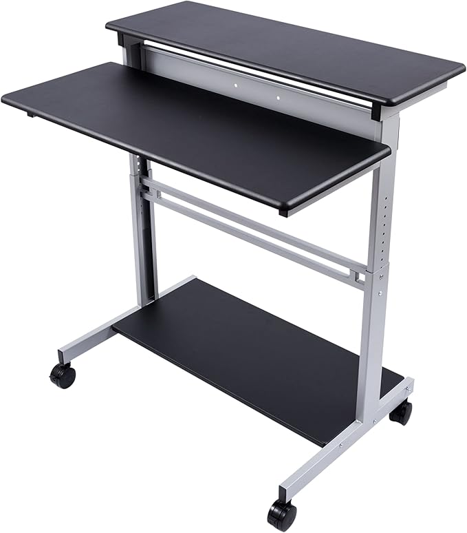 Stand Up Desk Store Rolling Adjustable Height Two Tier Standing Desk Computer Workstation (Silver Frame/Black Top, 40" Wide)