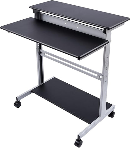 Stand Up Desk Store Rolling Adjustable Height Two Tier Standing Desk Computer Workstation (Silver Frame/Black Top, 40" Wide)