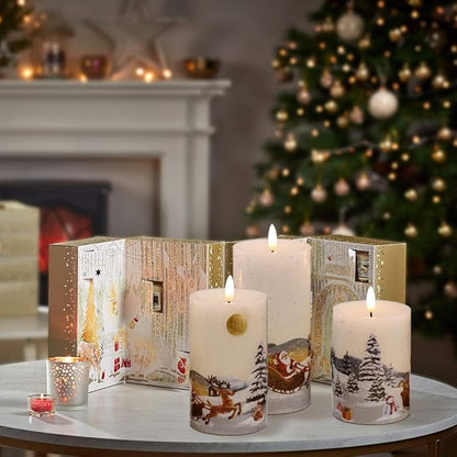 DRomance Christmas White LED Flameless Flickering Candles Battery Operated with 10-Key Remote and Timer Set of 3 Realistic 3D Wick Real Wax Holiday Flameless Pillar Candles, Santa Decal