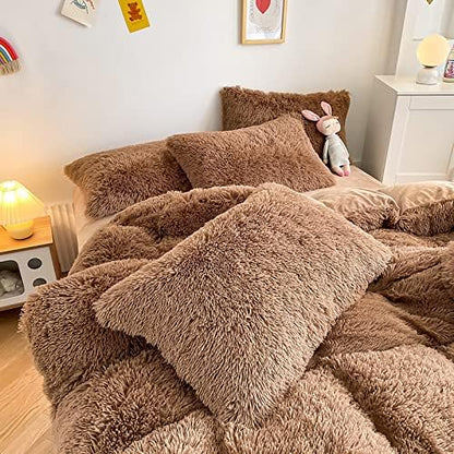 Faux Fur Kids Girls Coffee Comforter Sets Twin/Full - 3PC Bed Set Warm Comfortable Soft Plush Flannel Velvet Fluffy Fuzzy Bedding（Comforter x 1 Pillowcases x 2）