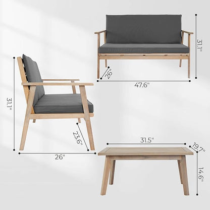VINGLI Outdoor Patio Furniture, 4 Piece Acacia Wood Sofa Set w/Coffee Table, Patio Table and Chairs Set for Deck, Balcony, Backyard (Light Natural)