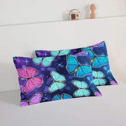 HOSIMA Butterfly Comforter Set with 2 Pillowcases,Glitter Purple Blue Butterfly Printed Bedding Set Full Size Bed in a Bag Set,Starry Sky Galaxy Comforter Butterfly Room Decor Aesthetics.