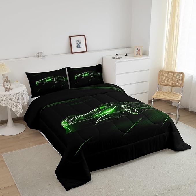 Feelyou Green Race Car Bedding Set Full Size for Kids Boys Extreme Sport Games Comforter Set Teens Toddler Fast and Furious Duvet Set Cool Modern Quilt Set 3Pcs