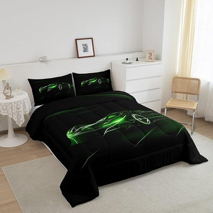 Feelyou Green Race Car Bedding Set Twin Size for Kids Boys Extreme Sport Games Comforter Set Teens Toddler Fast and Furious Duvet Set Cool Modern Quilt Set 2Pcs