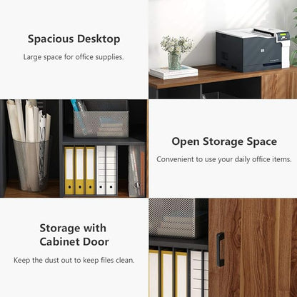 Tribesigns 39 inches File Cabinet, Large Storage Printer Stand, Mobile Filling Office Cabinet with Wheels, Doors and Open Storage Shelves,Dark Walnut