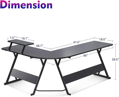 MOTPK L Shaped Gaming Desk 66 Inch, Gaming Computer Desk L Shape with Carbon Fiber Surface, Gamer Desk Gaming Table with Monitor Shelf, Cup Holder & Headphone Hook, Black