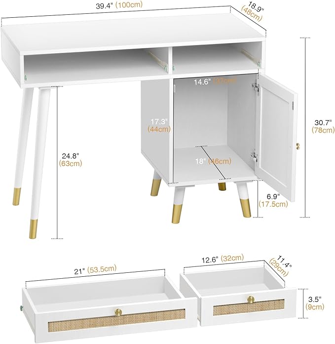 Anmytek Rattan Vanity Desk with Drawers and Storage, White Makeup Vanity Table Modern Home Office Desk Computer Desk for Study D0006