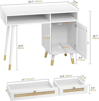 Anmytek Rattan Vanity Desk with Drawers and Storage, White Makeup Vanity Table Modern Home Office Desk Computer Desk for Study D0006